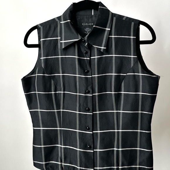 SilkLand Tops - VINTAGE 90S BLACK PLAID SILK SLEEVELESS TOP CROPPED Size-Small